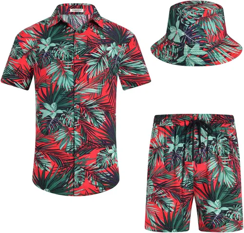 Vista 14 de EISHOPEER Conjunto hawaiano de flores para hombre, camisa de manga corta y pantalones cortos, trajes con sombreros de pescador