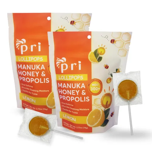 Vista 8 de P.R.I Miel de Manuka con Própolis, Certificada MGO 300+ – Piruletas para calmar la garganta, sabor saúco, (24 piruletas, 184 g)