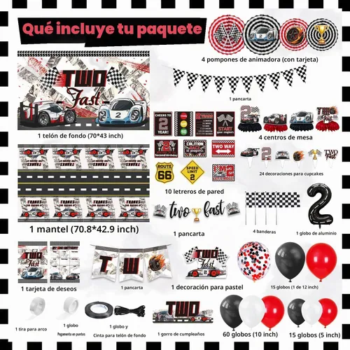 Vista 2 de KOTLMIGHT Decoraciones de Cumpleaños Two Fast para Niños, Suministros de Decoración de Fiesta Temática de Autos de Carrera para 2do Cumpleaños