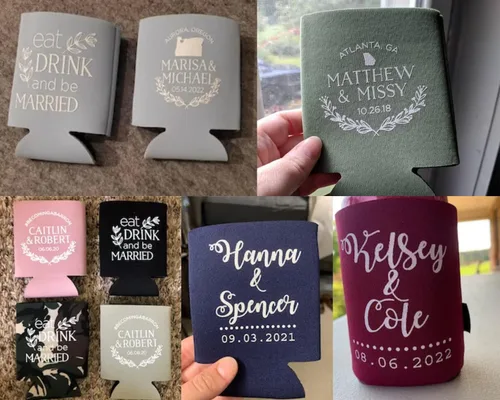 Vista 5 de Enfriadores de latas de boda personalizados, paquete de 50, poliuretano, capacidad de 12 onzas, multicolor