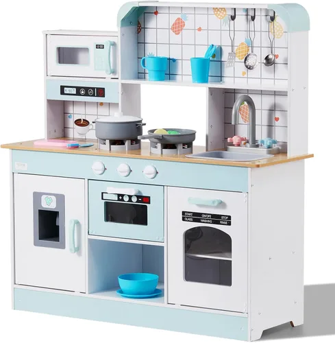 Vista 13 de VEVOR Cocina de Juguete de Madera, Cocina de Juego para Niños con Luces y Sonidos, Cocina Infantil con Máquina de Hielo, Horno, Fregadero