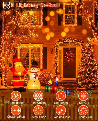 Vista 2 de 120 luces LED de Navidad de 40 pies para exteriores, guirnalda de luces de Navidad naranja impermeable, 8 modos de luces conectables para árbol