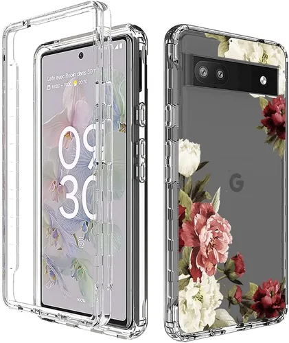 Vista 6 de Funda para Google Pixel 6A, diseño floral, protector de pantalla de vidrio templado transparente, funda protectora de cuerpo completo