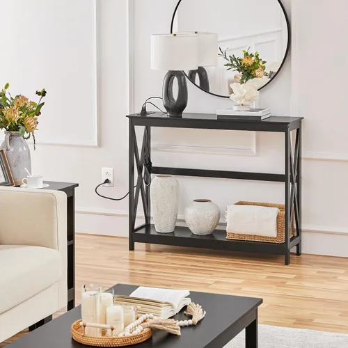Vista 2 de Yaheetech Mesa consola con tomas de corriente y puertos USB, mesa de entrada con estantes de almacenamiento, mesa de sofá estrecha larga con diseño