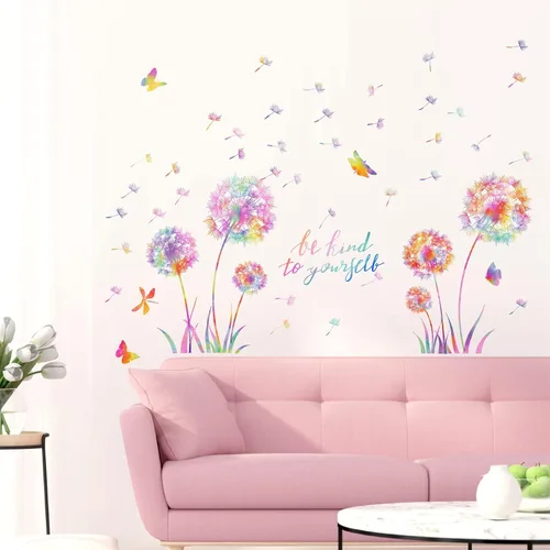 Vista 4 de Calcomanías de pared grandes de diente de león, calcomanías de pared de flores coloridas, calcomanías de pared para despegar y pegar, calcomanías