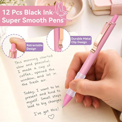 Vista 4 de Drawdart Cute Gel Pens, 0.7mm Black Ink, Smooth Writing, Soft Grip, 12 Pack Retractable Pens with Metal Clip, Ergonomic Silicone Grip, for