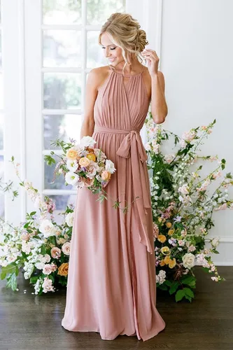 Vista 5 de Stylefun Vestidos de dama de honor de gasa con cuello halter para mujer, vestidos formales simples plisados CYM032