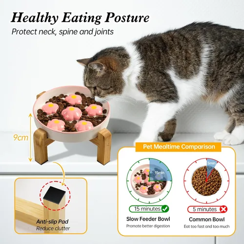 Vista 3 de Cuenco elevado para gatos de alimentación lenta – Rompecabezas laberinto plato de comida para gatos con soporte de bambú, antideslizante – Base Rosa