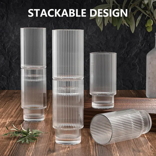 Vista 6 de CWHHRN Vaso de vidrio de 16 oz con tapa y pajita, vajilla vintage acanalada para whisky, cóctel, cerveza, tazas para café helado con tapa, vaso
