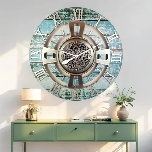 Vista 2 de ImprovingLife The Gears Reloj de pared con engranajes móviles reales línea Inglaterra (Verde Aguamarina, 24 pulgadas (60 cm))
