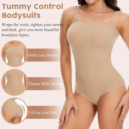 Vista 3 de JOYSHAPER Body sexy sin tirantes para mujer, con hombros descubiertos, sin costuras, camiseta sin mangas, leotardo de una pieza