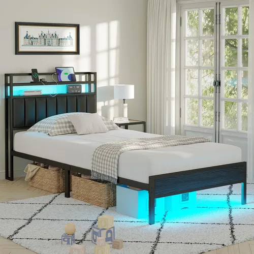 Vista 8 de Marco de cama tamaño twin con estación de carga y luces LED, marco de cama de metal con cabecero, cabecera tapizada negra con estantes