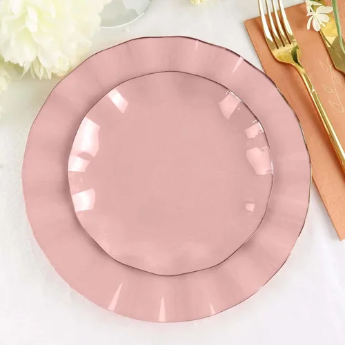 Vista 11 de Tableclothsfactory Paquete de 10 platos redondos de plástico negro de 6 pulgadas para ensalada de postre, platos desechables con borde ondulado