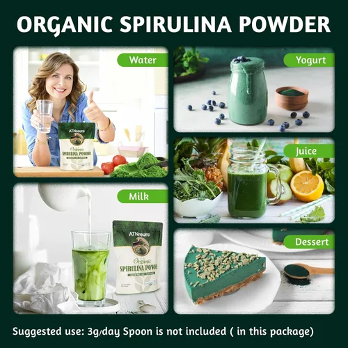Vista 3 de Espirulina en polvo orgánica, 32 onzas, certificado USDA, 100% puro y natural, sin OMG, sin gluten, desintoxicante y potenciador de energía, rico