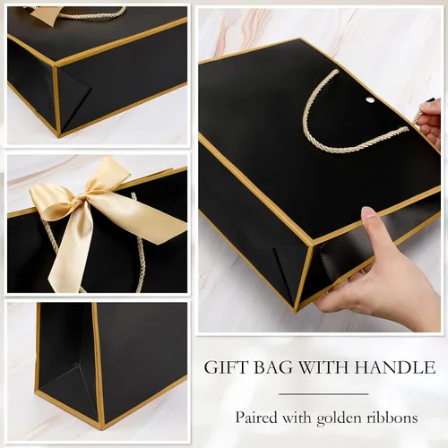 Vista 4 de Silkfly 12 bolsas de regalo con asas para dama de honor, 12 x 10 x 4 pulgadas, elegantes bolsas de regalo de bienvenida de boda con lazo para Negro
