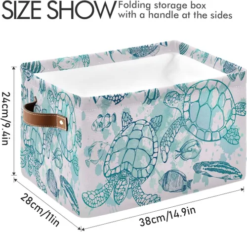 Vista 3 de Cesta de almacenamiento con forma de cubo de tortugas marinas tropicales, peces y tortugas marinas, caja de almacenamiento plegable grande