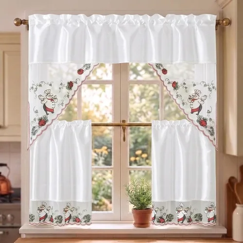 Vista 18 de YHSF Set de cortinas de cocina de 3 piezas con cenefa - Juego de cortinas de ventana de 2 niveles y cenefa con diseño de bolsillo para barra