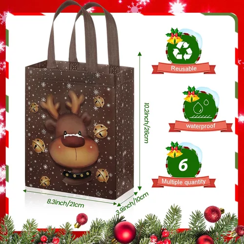 Vista 2 de Clysee 6 bolsas de regalo de Navidad con asas, tela no tejida, bolsas reutilizables para fiestas de Navidad, 6 estilos de 10.2 x 8.3 pulgadas