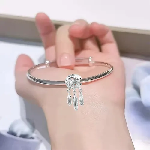 Vista 3 de Chili Jewelry Abalorio de atrapasueños de flores con borlas de plumas compatible con pulseras Pandora