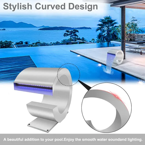 Vista 10 de LONGRUN Fuente de piscina de acero inoxidable en forma de J, con control de RF y aplicación, kit de cascadas para estanques al aire libre