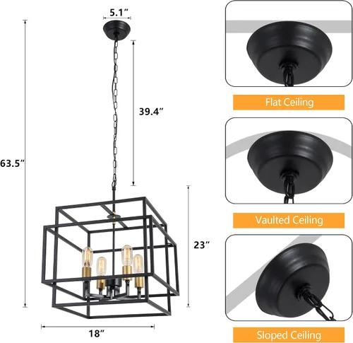 Vista 3 de Maxax Lámpara de araña cuadrada moderna, 4 luces colgantes de granja, para isla de cocina, comedor, dormitorio, sala de estar, acabado negro y dorado