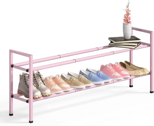 Vista 10 de Bumusty estante de zapatos de 2 niveles largo y expandible para clóset, estante de zapatos ajustable de 46-112 cm para entrada, estante organizador