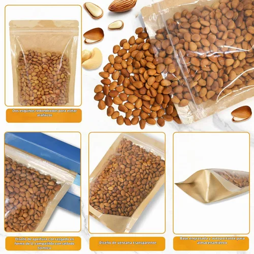 Vista 2 de 100 PCS bolsas resellables, bolsas de papel kraft de pie con ventana frontal transparente, bolsas de almacenamiento de alimentos con cierre