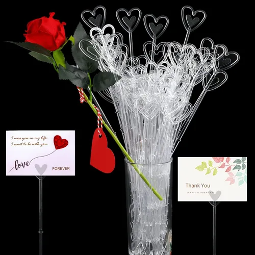 Vista 8 de CCINEE 100 portatarjetas de plástico con forma de tenedor transparente con forma de flores, clips de cabeza recta para ramo de boda, suministros