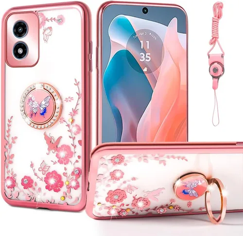 Vista 26 de nancheng Funda para Motorola Moto G Play 2024 (6.5 pulgadas) para niñas y mujeres, bonita funda de teléfono de TPU suave con purpurina y anillo