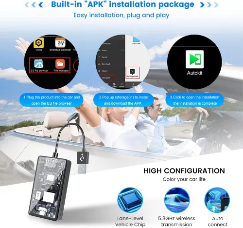Vista 5 de CarlinKit Adaptador inalámbrico de coche CarPlay para radio de coche Android, Android Auto inalámbrico y Apple CarPlay 2 en 1, bajo consumo