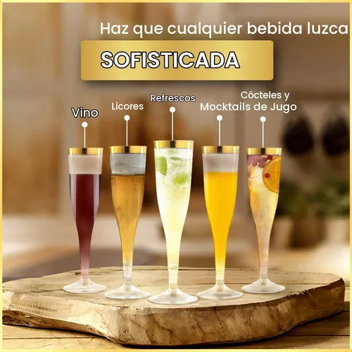 Vista 2 de 36 copas de champán de plástico, vasos de plástico de 6.5 onzas, borde dorado y purpurina dorada, decoración de brunch, flautas de plástico