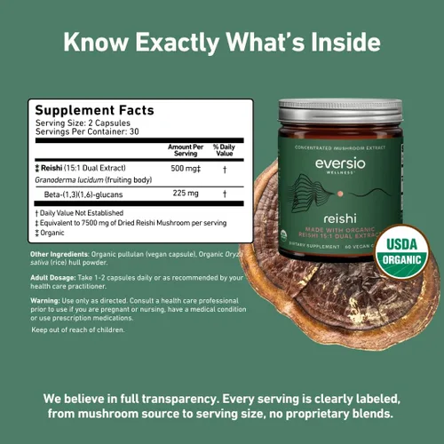 Vista 3 de Cápsulas Reishi orgánicas – Extracto dual 15:1, 45% beta-glucanos – Suplemento de hongos corporales fructíferos para el estrés, el sueño y el apoyo