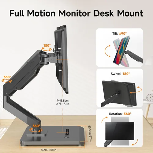 Vista 2 de Pholiten Brazos de Monitor Dobles Ajustables con Resorte de Gas para Pantallas de 17-32 Pulgadas, Soporte de Monitor VESA Dual Neumático con Base