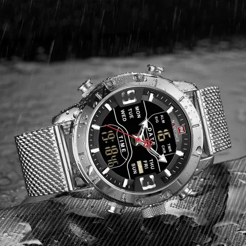 Vista 4 de Naviforce hombres reloj impermeable multifunción LED digital cuarzo relojes pulsera acero inoxidable malla correa