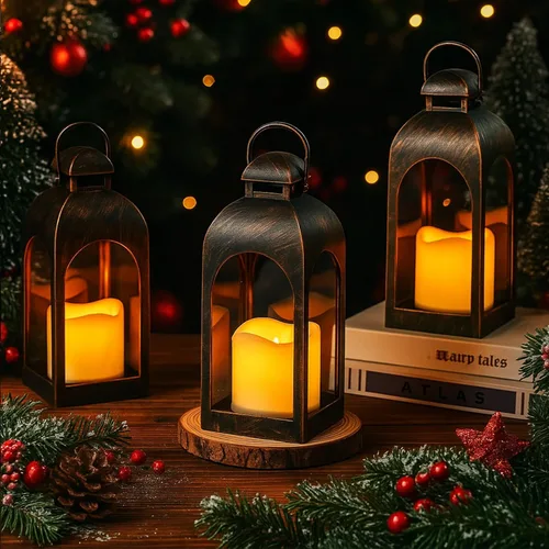 Vista 4 de Tujoe - 6 faroles LED para velas de 10 pulgadas para interiores y Bronce oscuro