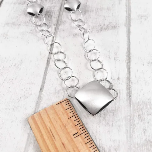 Vista 4 de Handmade Link Statement Necklace, Square Cushion Shapes, Sterling Silver 925 Satin and Polished Finish, Dark Oxidized Interior, Reversible, 53