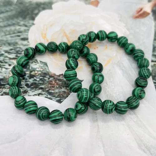 Vista 5 de HUJUON Juego de 2 pulseras de malaquita natural, hechas a mano, piedras preciosas de malaquita con cuentas de piedra natural para yoga, mujeres