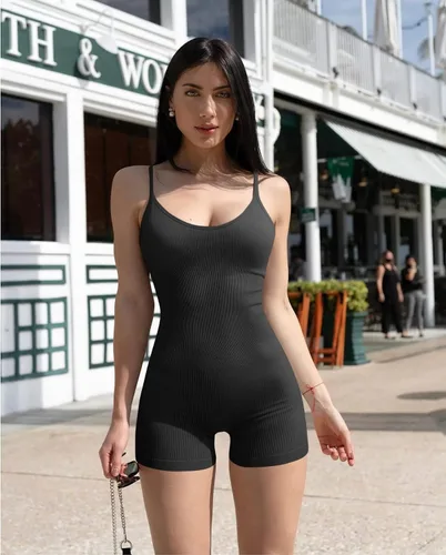 Vista 4 de SEASUM Overol de yoga acanalado de una pieza para mujer, sin mangas, para entrenamiento, ejercicio y discoteca