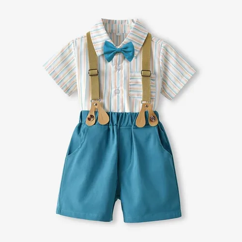 Vista 3 de Conjunto de traje de caballero de manga corta para bebé niño con corbatín + pantalones cortos con tirantes y pantalones cortos para bautizo festivo