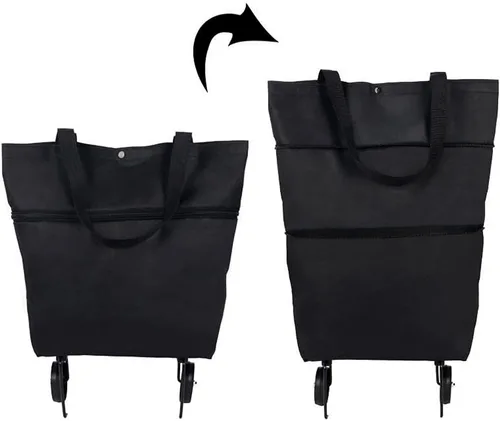 Vista 2 de Carrito de compras plegable con ruedas – Bolsa de compras plegable con cremallera de dos etapas para frutas, verduras (negro)