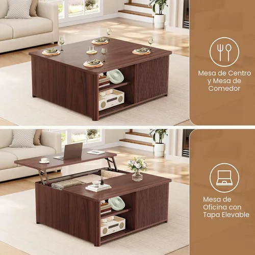Vista 4 de SEDETA Mesa de centro elevable de 31.5 pulgadas con almacenamiento, mesas de centro cuadradas para sala de estar, mesa de centro acanalada con gran