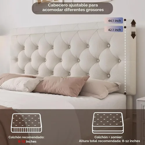 Vista 5 de TTVIEW Base de cama de tamaño matrimonial con 4 cajones de almacenamiento y cabecera ajustable, plataforma tapizada con diseño capitoné, soporte