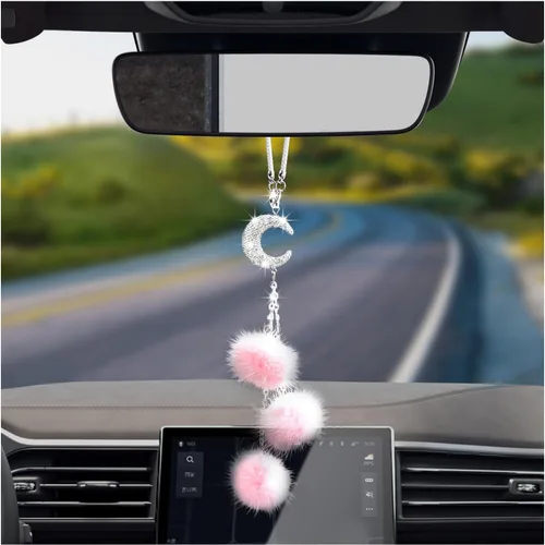 Vista 13 de Dickno Adorno Colgante Brillante para Coche, Divertido Pendiente de Corazón de Amor y Bola de Peluche Rosa para Espejo Retrovisor para Mujeres