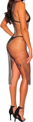 Vista 2 de FlyCC Vestido de playa sexy de malla transparente para mujer, sin mangas, con diamantes de imitación