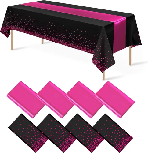 Vista 29 de 8 paquetes de manteles de plástico desechables y juego de camino de mesa de satén negro con dorado, mantel de satén dorado para graduación, boda