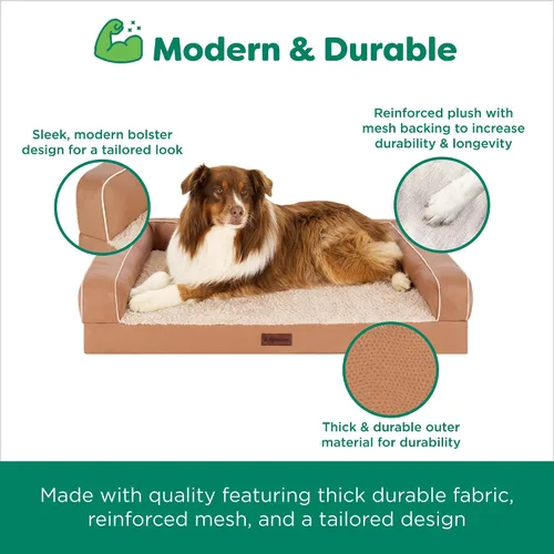 Vista 5 de Furhaven Sofá cama ortopédico para perro, sofá de espuma viscoelástica con refuerzos, felpa texturizada y funda resistente al agua, funda lavable