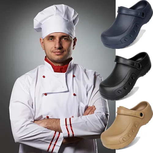 Vista 2 de Zuecos de chef para hombre, antideslizantes, con soporte para el arco, zapatos de enfermería de seguridad, zapatos de trabajo, resistentes al agua