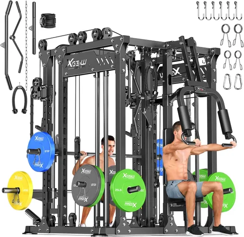 Vista 32 de Rack Multiusos para Sentadillas, Conjunto de Rack de Pesas Smith Machine con Sistema de Crossover de Cables, Racks de Potencia para Gimnasio