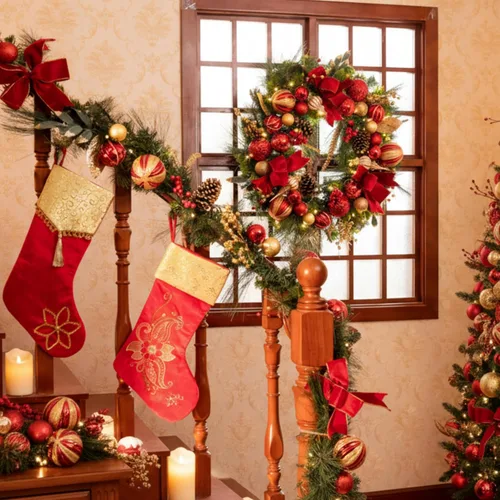 Vista 5 de Valery Madelyn Guirnalda de Navidad preiluminada de 9 pies con luces para manto, guirnalda de Navidad iluminada al aire libre con bolas de oro rojo