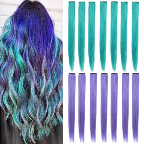 Vista 17 de 12 extensiones de cabello azul con clip en reflejos de 20 pulgadas, extensiones de cabello lacio de color liso con clip para mujer, peluca arcoíris